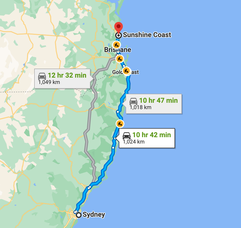 Map showing the drive from the Sunshine Coast to Sydney 